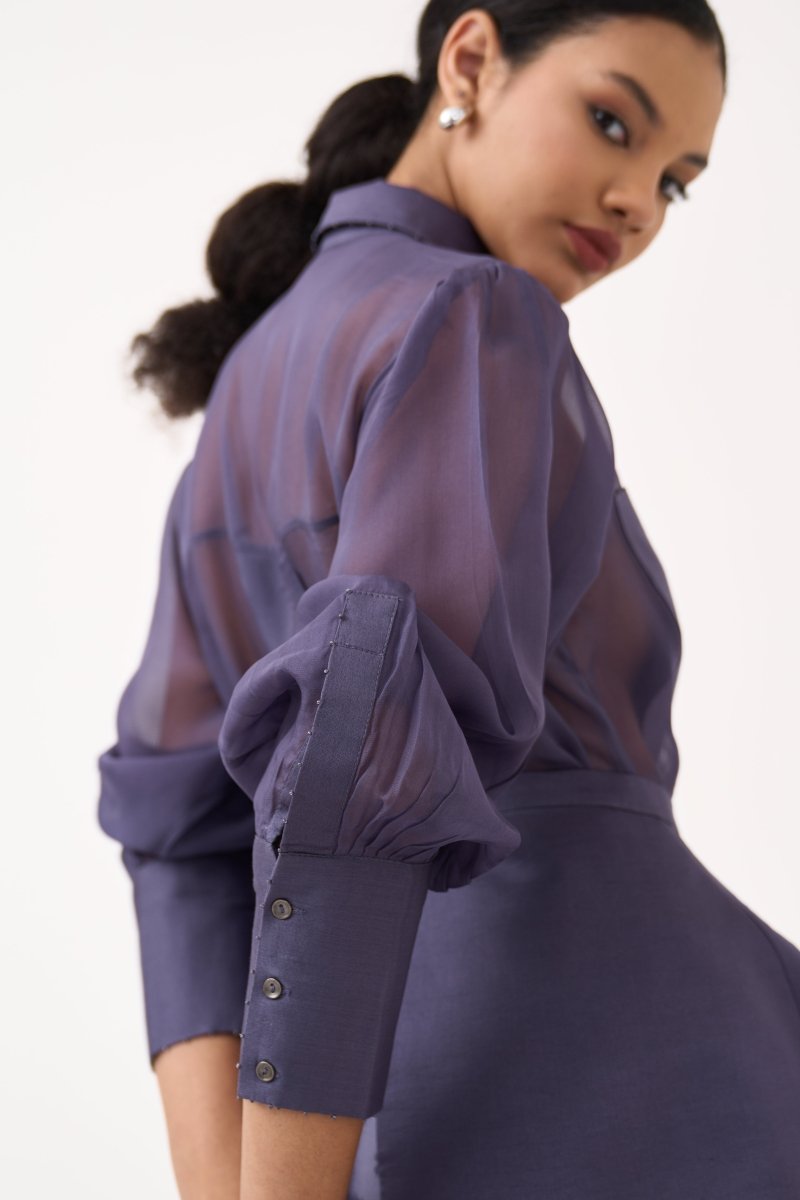 Beaded Collar Sheer Shirt Co-Ord - Three Clothing