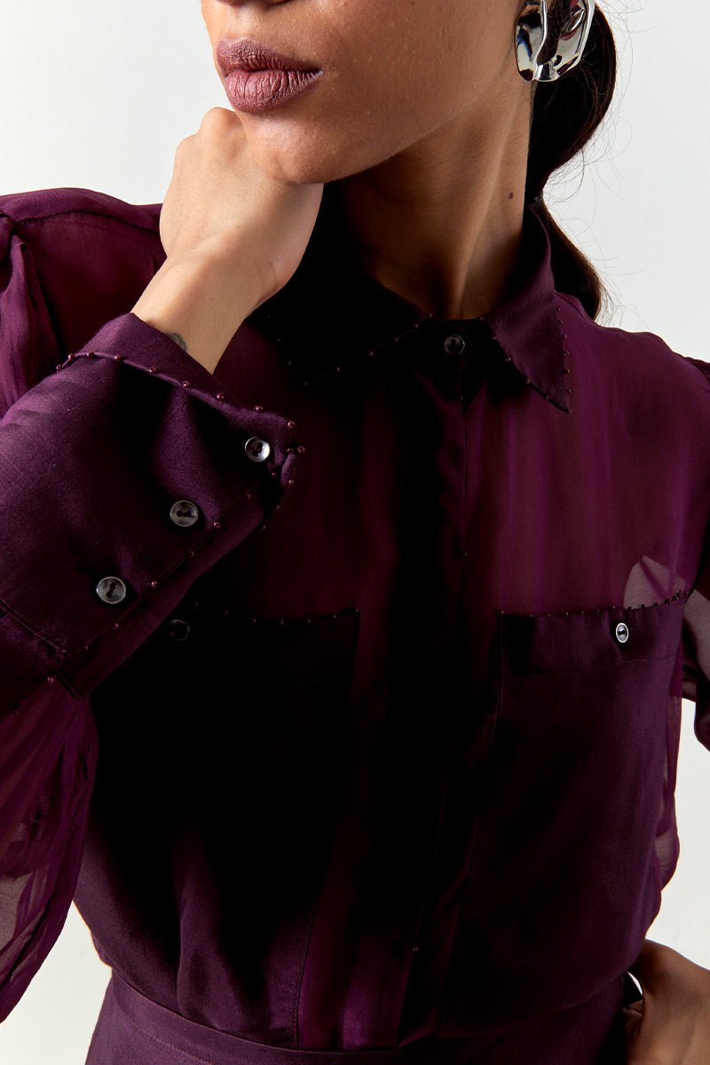 Beaded Collar Sheer Shirt Co - Ord - Three Clothing