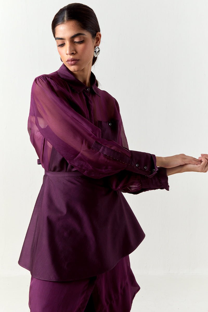 Beaded Collar Sheer Shirt Co - Ord - Three Clothing