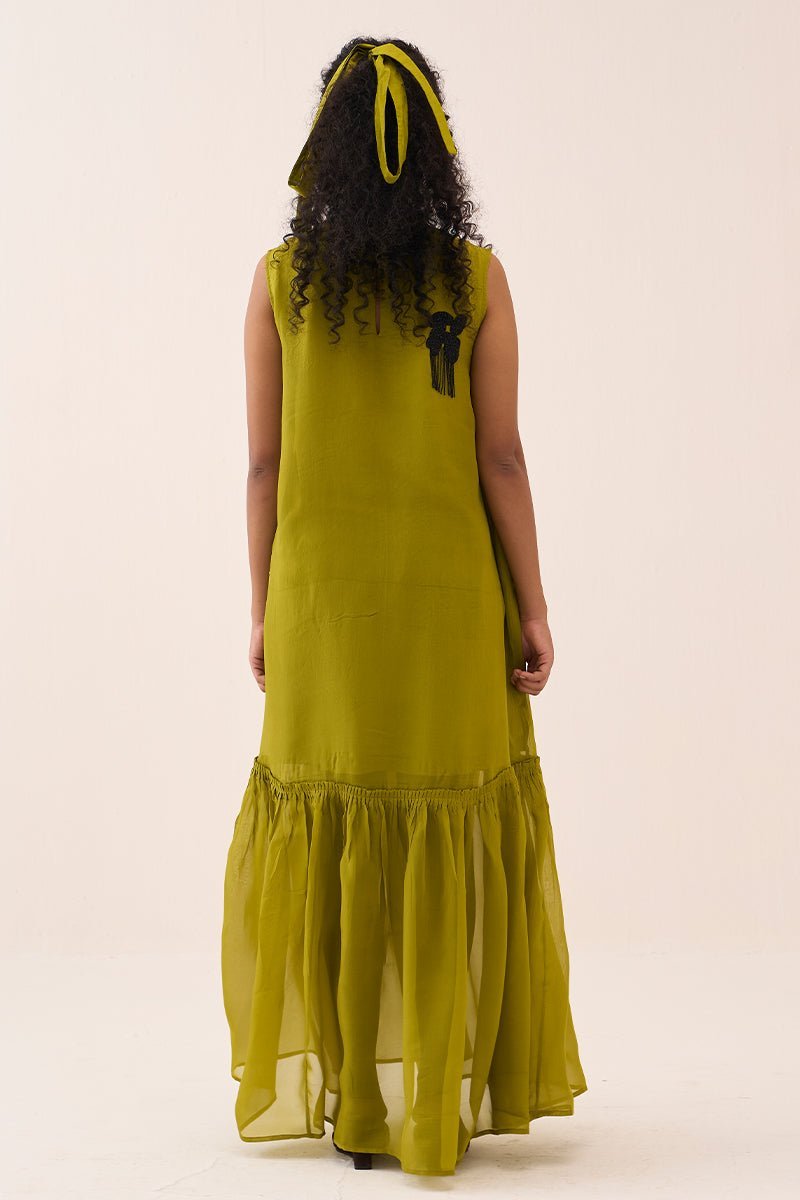 Beaded Sleeveless Bottom Frill Dress Lime Organza - Three Clothing