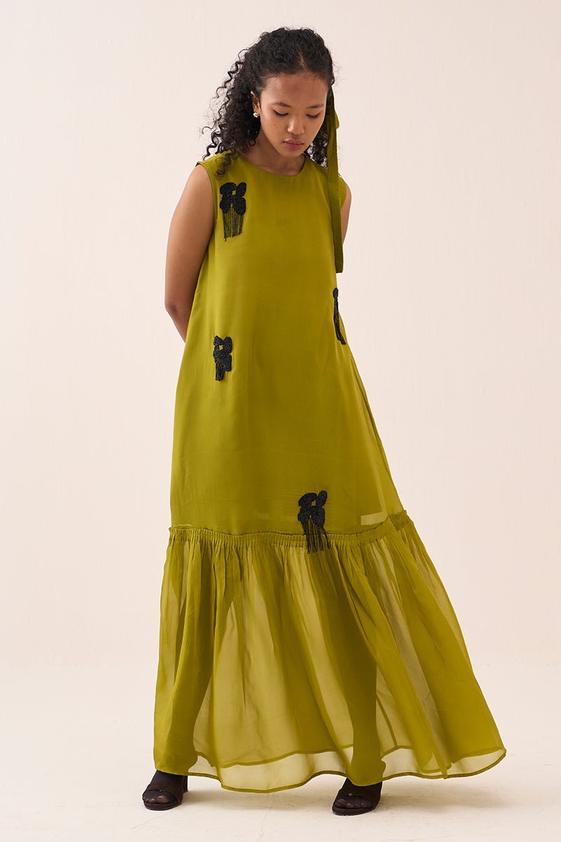 Beaded Sleeveless Bottom Frill Dress Lime Organza - Three Clothing