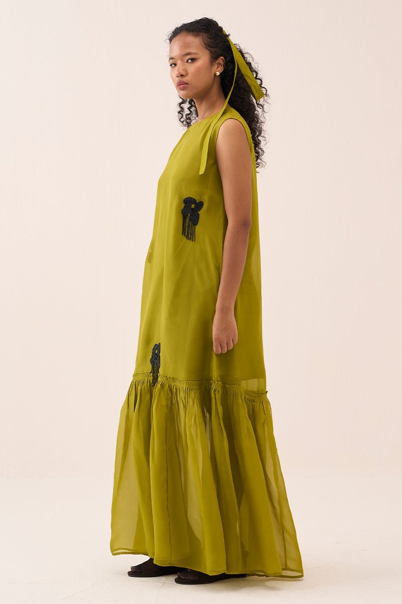 Beaded Sleeveless Bottom Frill Dress Lime Organza - Three Clothing