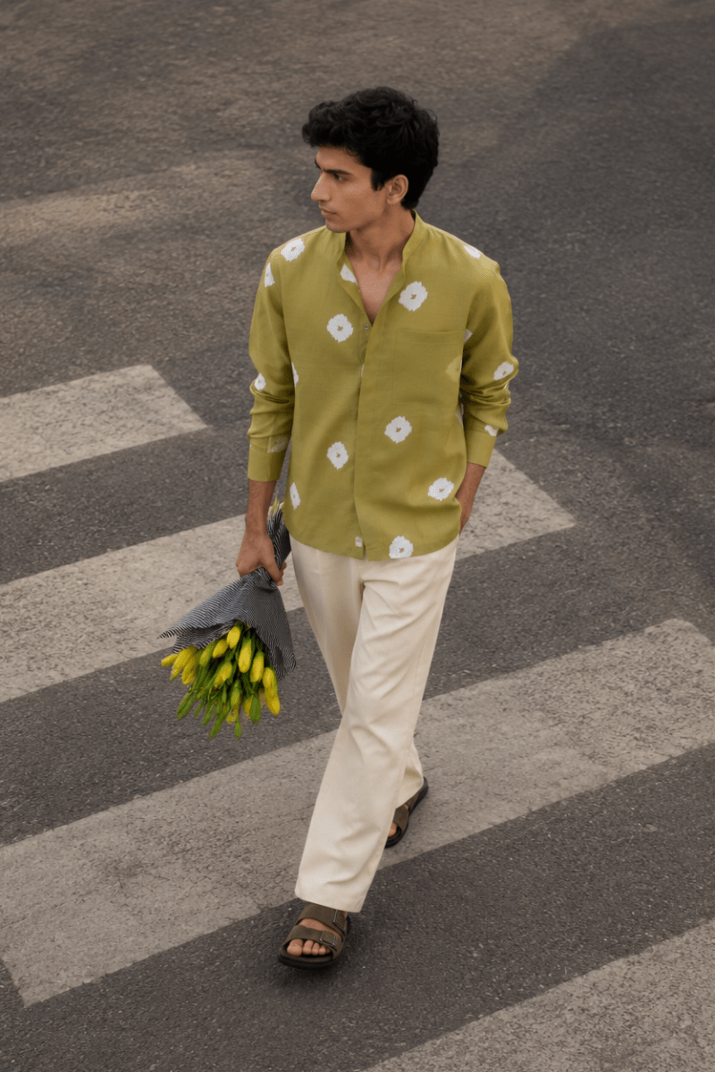 Block Print Band Collar Shirt - Three Clothing