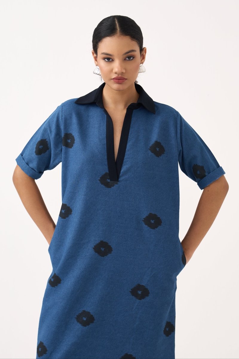 Block Print Denim Dress - Three Clothing