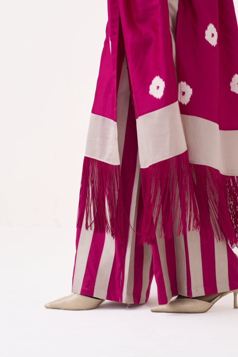 Block Print Fringe Gather Neck Shirt Co-Ord - Three Clothing
