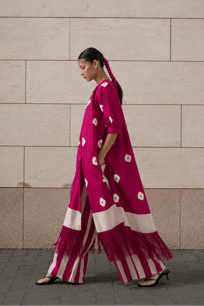 Block Print Fringe Gather Neck Shirt Co-Ord - Three Clothing