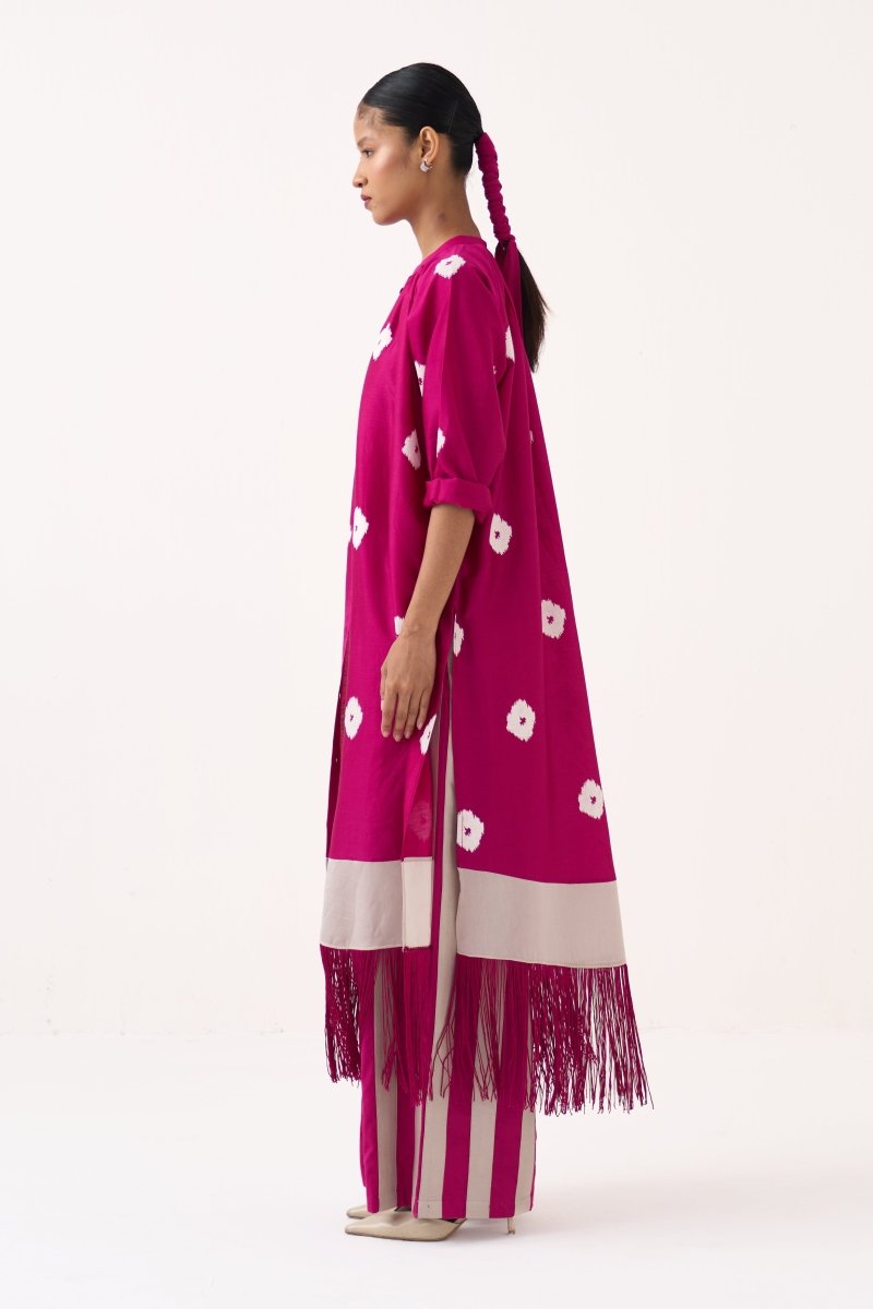 Block Print Fringe Gather Neck Shirt Co-Ord - Three Clothing
