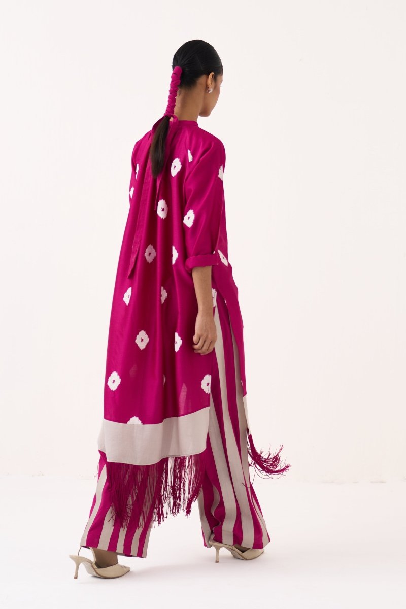 Block Print Fringe Gather Neck Shirt Co-Ord - Three Clothing