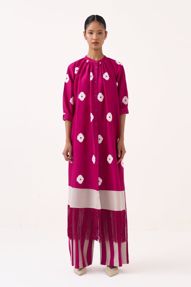 Block Print Fringe Gather Neck Shirt Co-Ord - Three Clothing