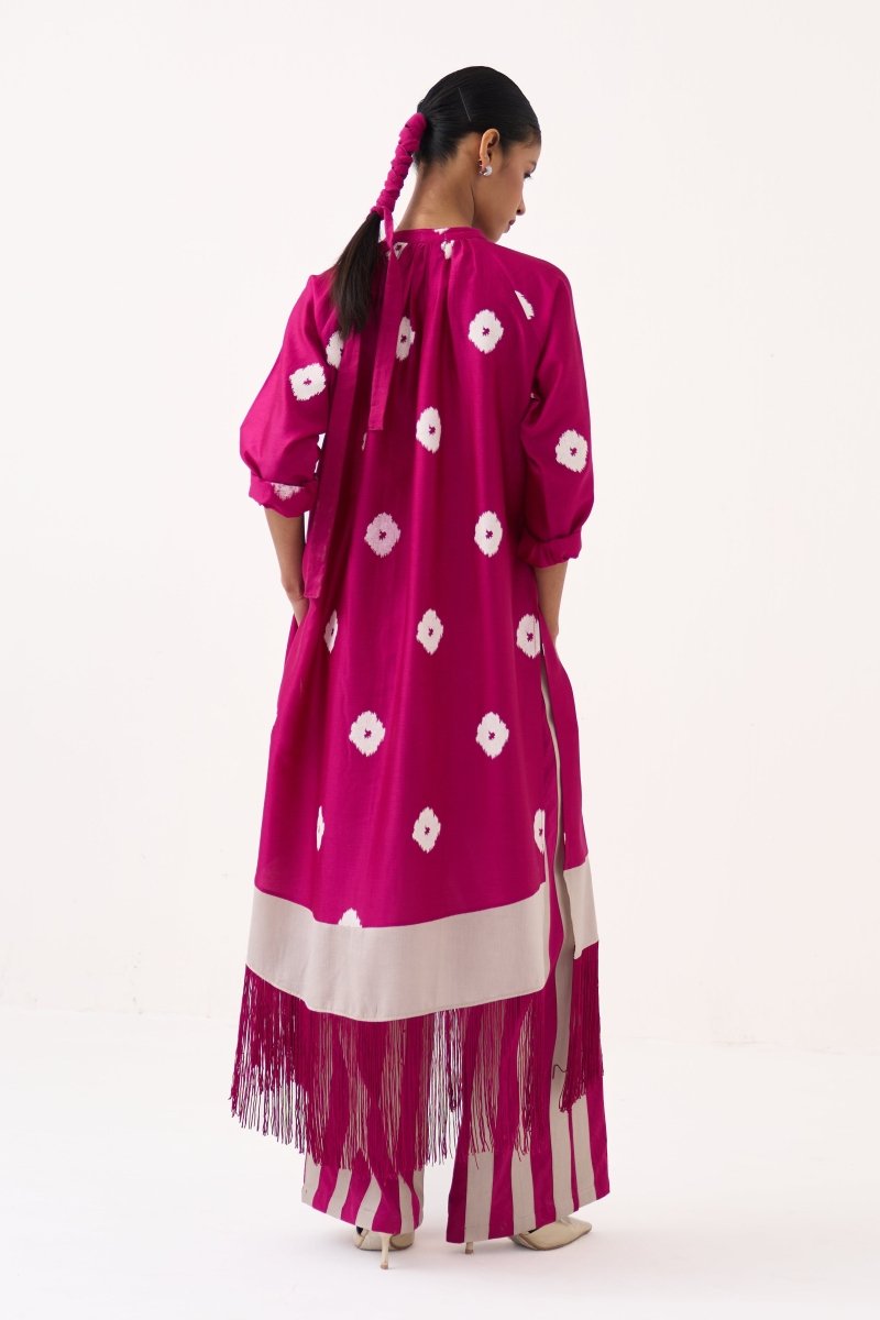 Block Print Fringe Gather Neck Shirt Co-Ord - Three Clothing