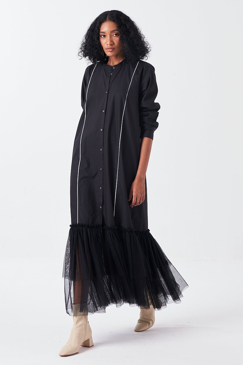 Bottom Frill Dress Black Net - Three Clothing