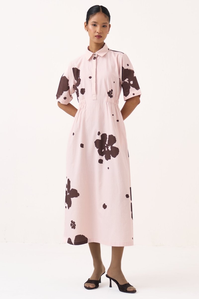 Collared Side Elastic Waist Dress - Three Clothing