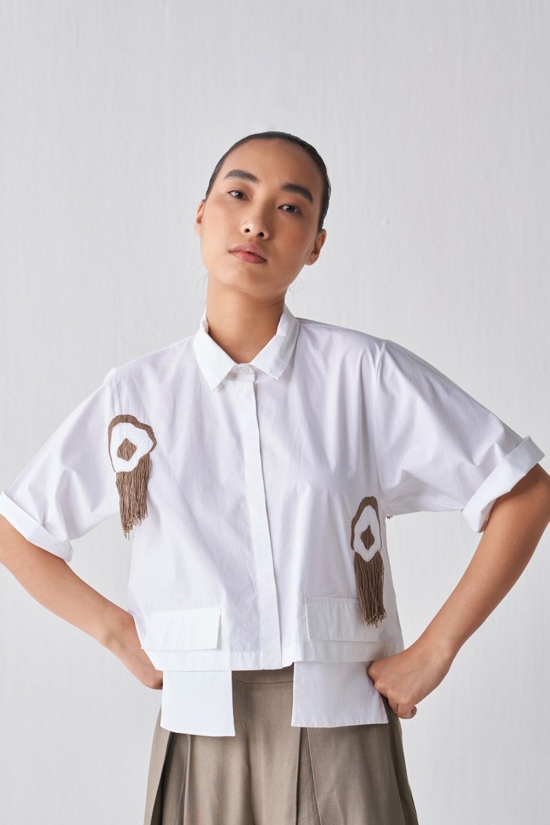 Emb Crop Fringe Top- White