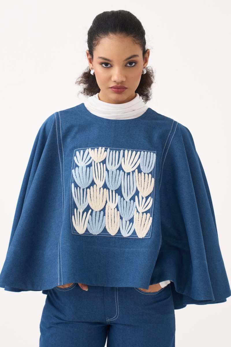 Emb. Patch Denim Poncho - Three Clothing
