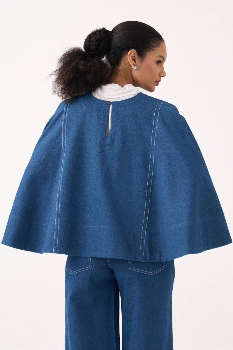 Emb. Patch Denim Poncho - Three Clothing