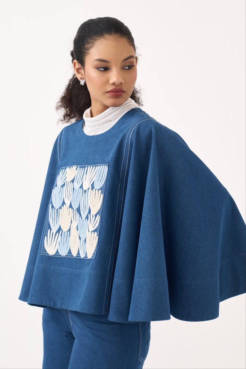 Emb. Patch Denim Poncho - Three Clothing