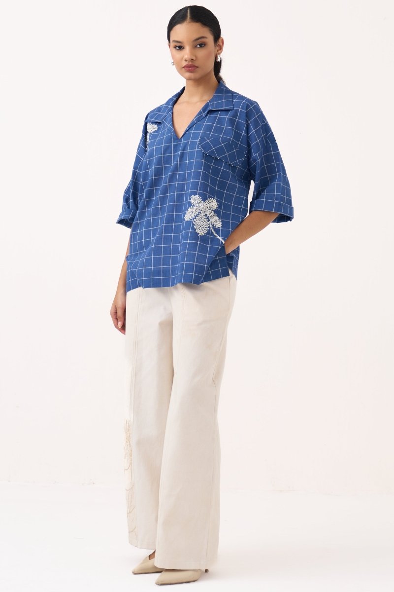 Emb. V Neck Top - Three Clothing