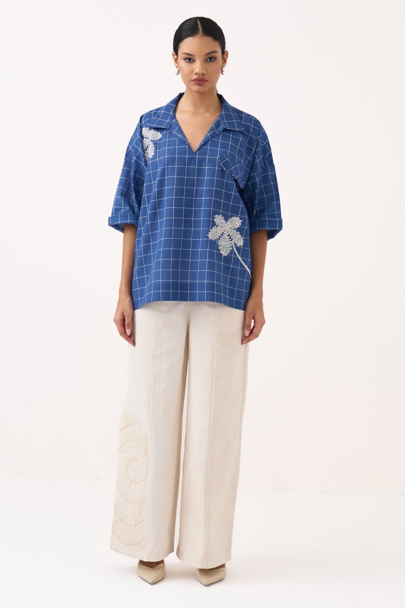 Emb. V - neck Top Co - ord (Set of 2) - Three Clothing