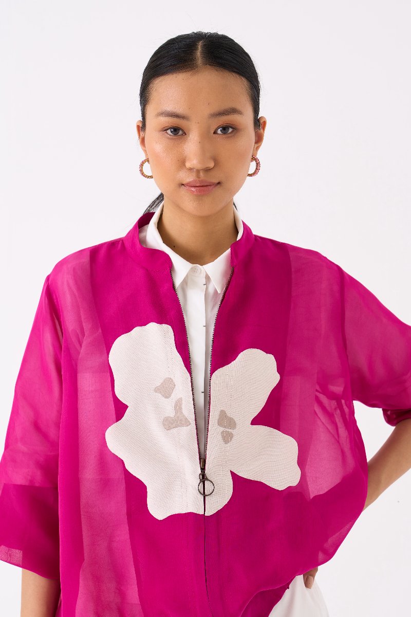 Floral Applique Bomber Jacket Fuschia - Three