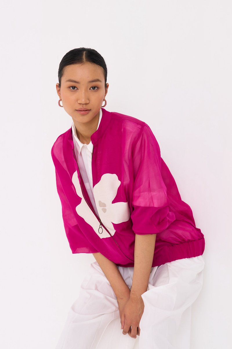 Floral Applique Bomber Jacket Fuschia - Three