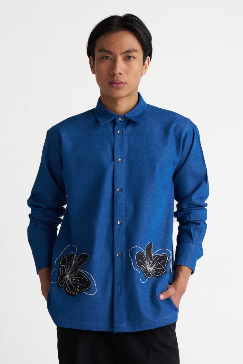 Floral Applique Denim Shirt - Three Clothing