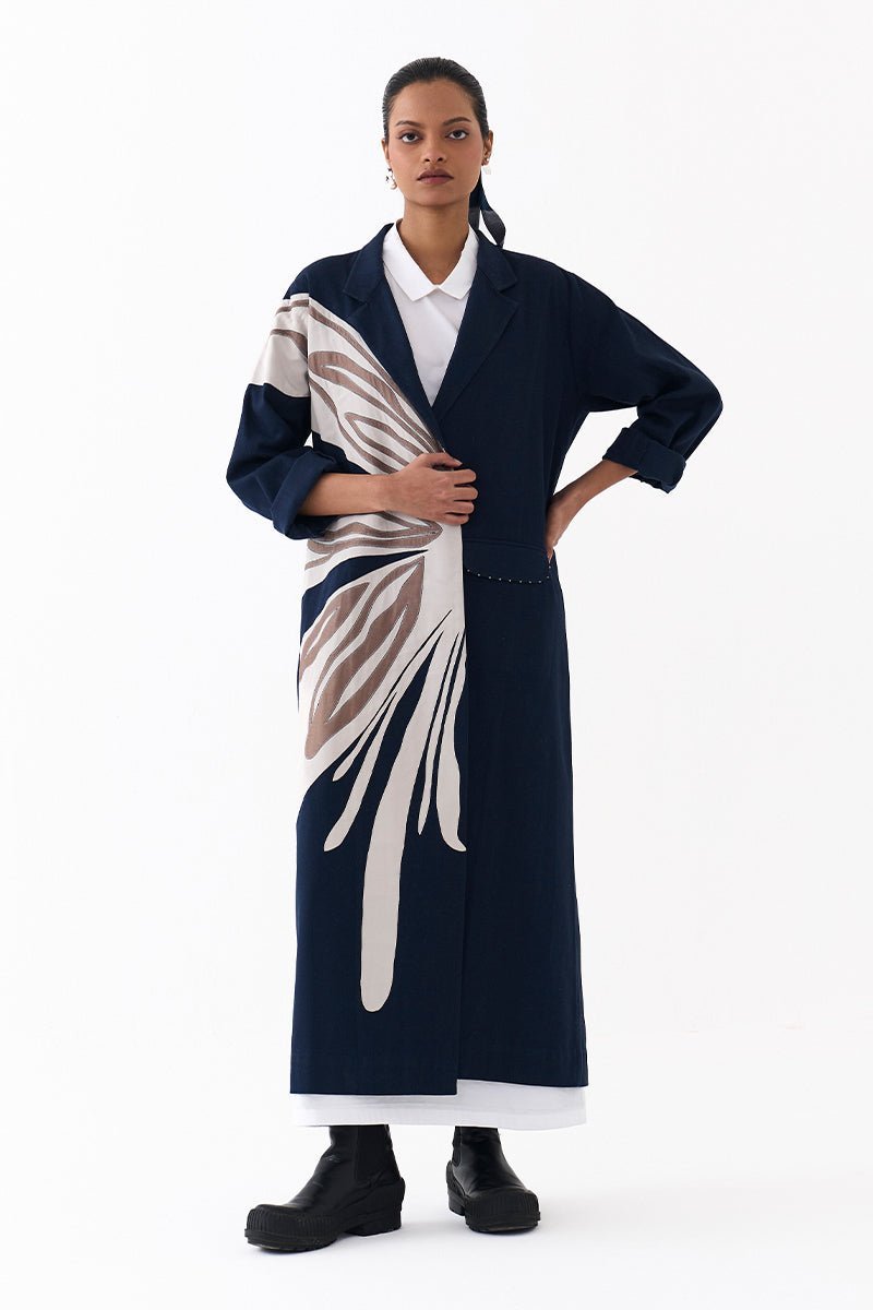 Floral Applique Detail Jacket- Navy - Three Clothing
