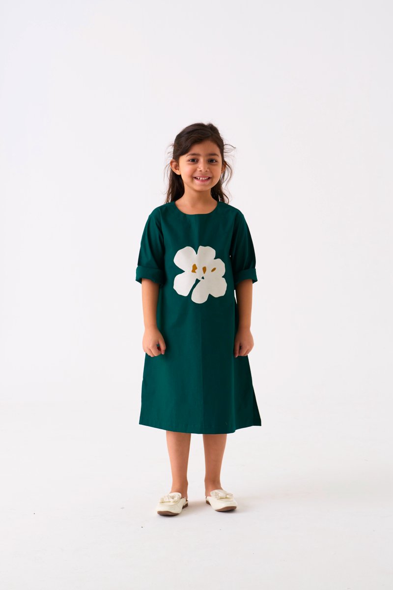 Floral Applique Dress - Forest Green - Three