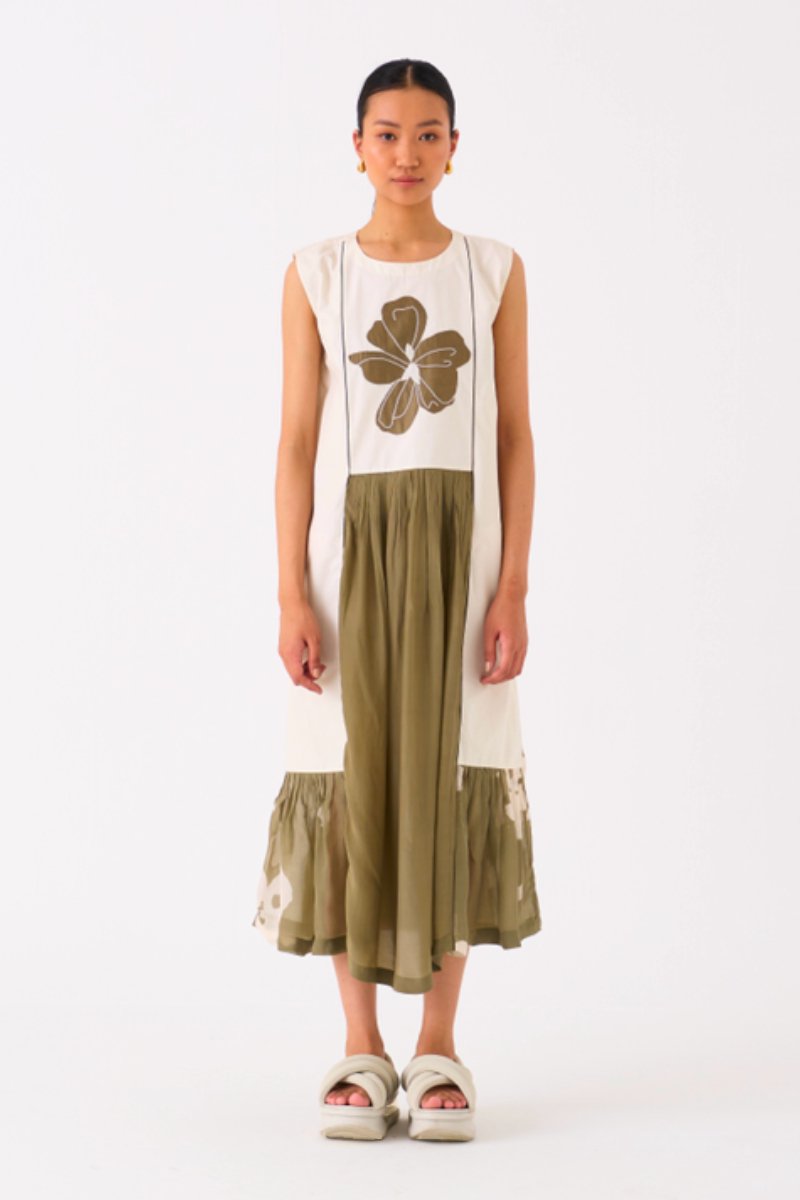 Floral Applique Panelled Dress Ivory - Three Clothing