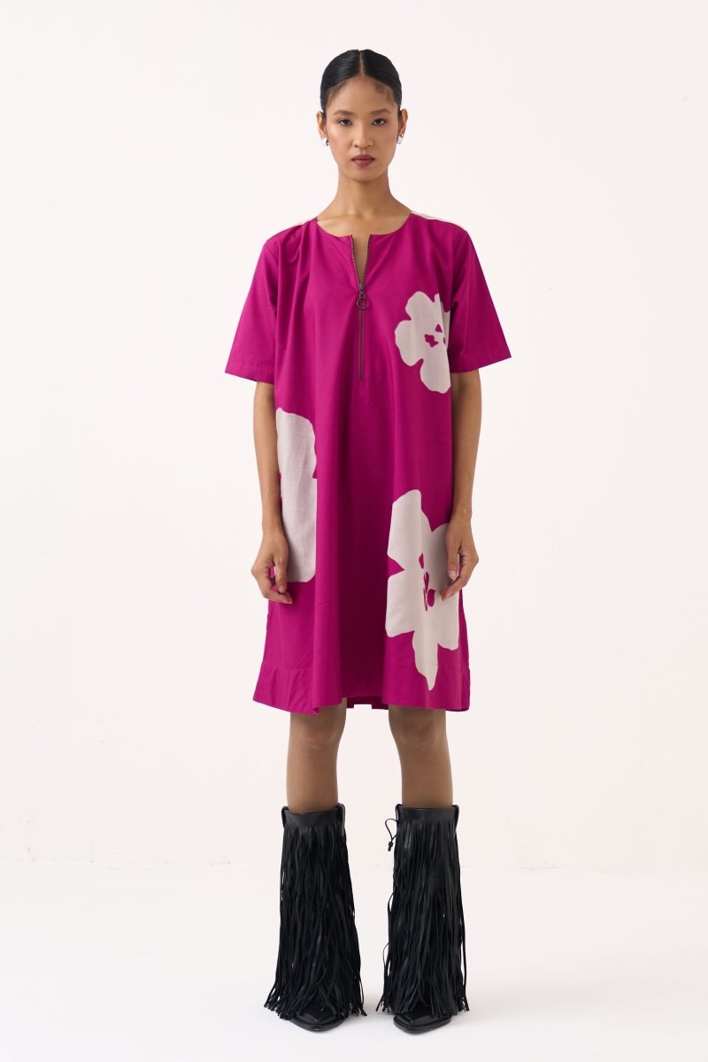Floral Applique Wide Hem Dress - Three Clothing
