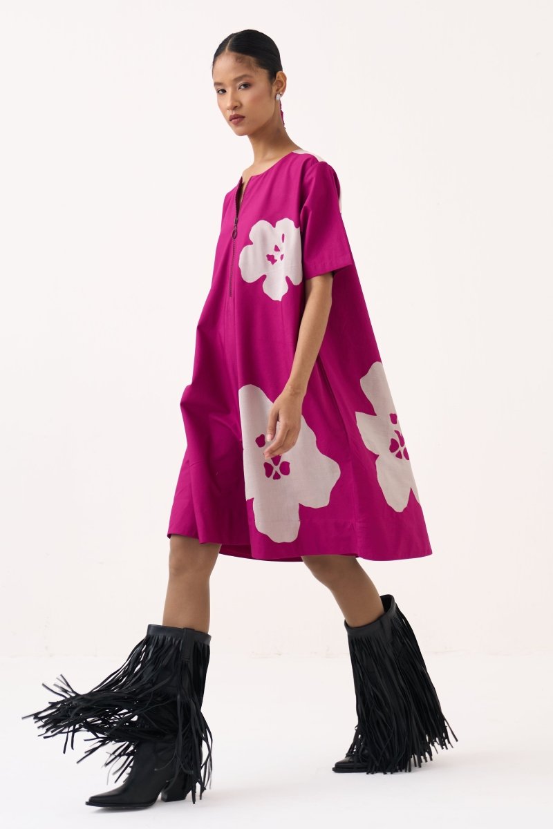 Floral Applique Wide Hem Dress - Three Clothing