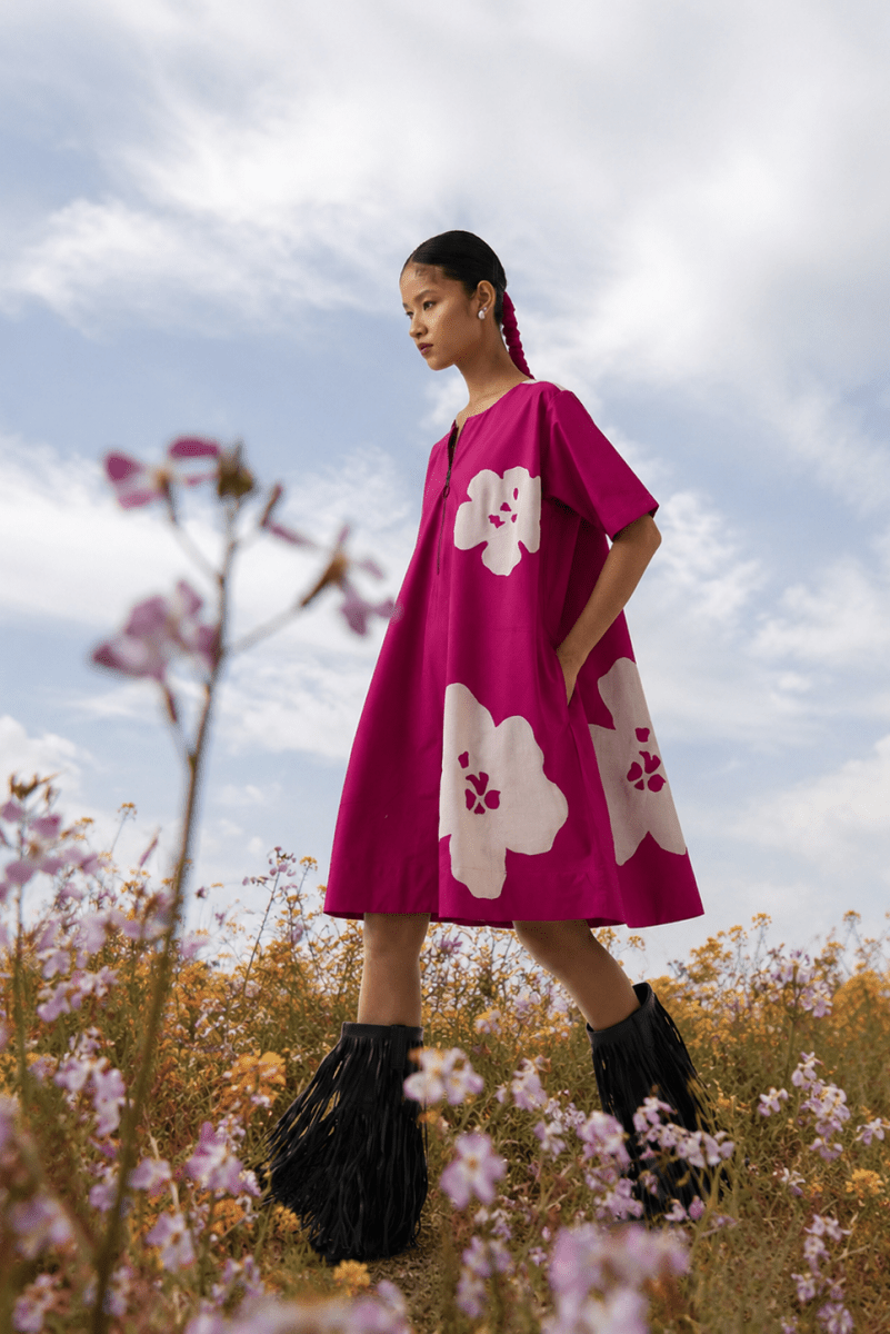 Floral Applique Wide Hem Dress - Three Clothing