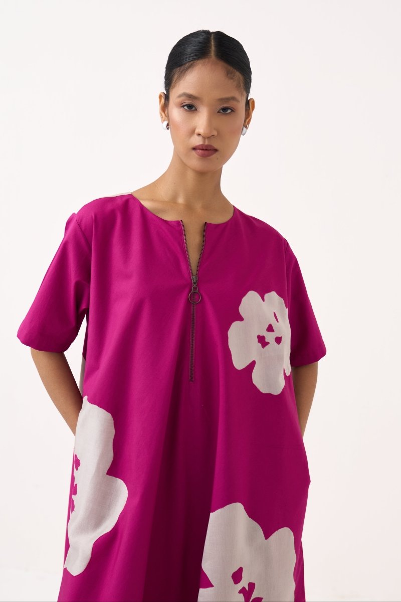 Floral Applique Wide Hem Dress - Three Clothing