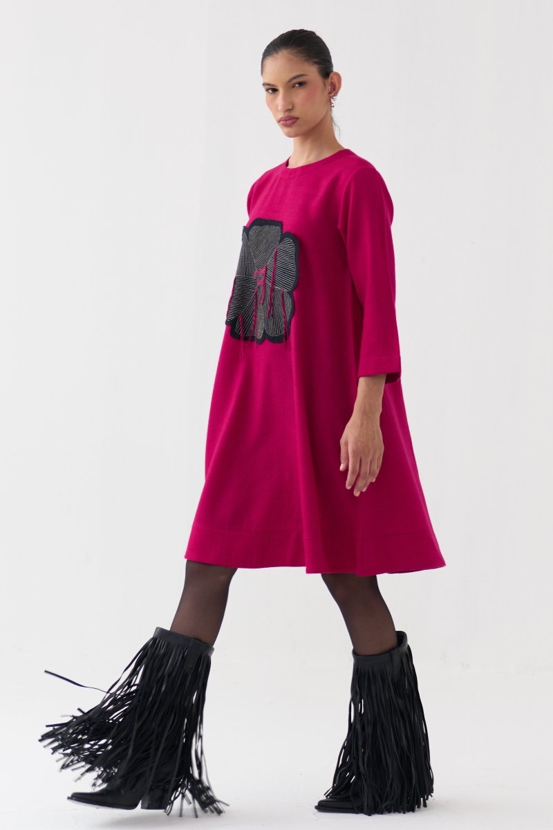 Floral Applique Woollen Dress - Three Clothing