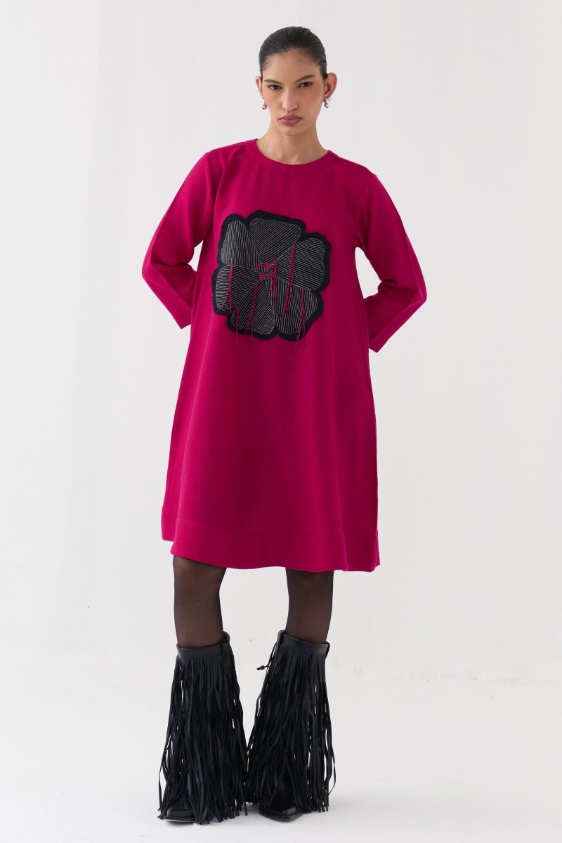 Floral Applique Woollen Dress - Three Clothing
