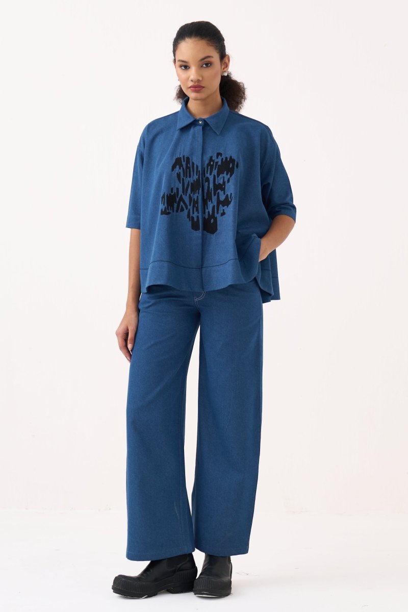 Floral Emb. Denim Shirt - Three Clothing