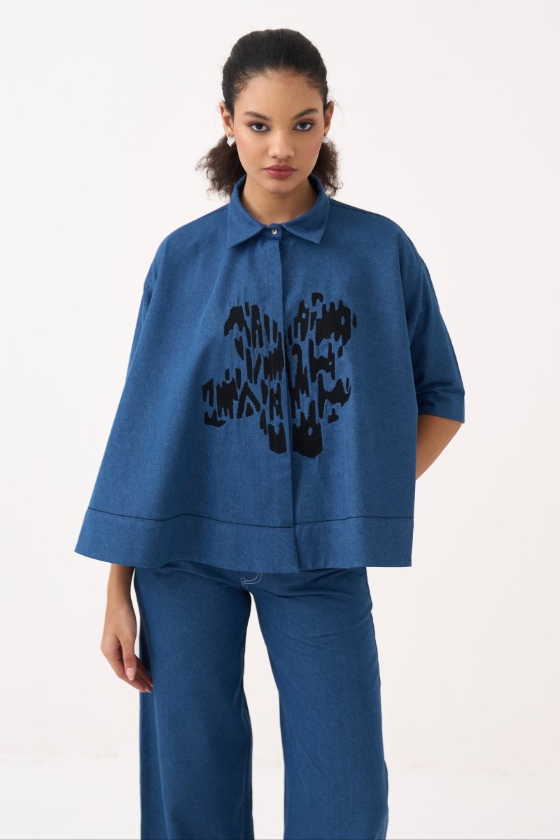 Floral Emb. Denim Shirt - Three Clothing