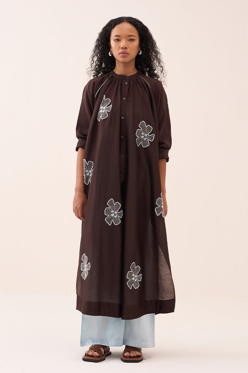 Floral Emb. Gather Neck Shirt Co - Ord (Set Of 2) - Three Clothing