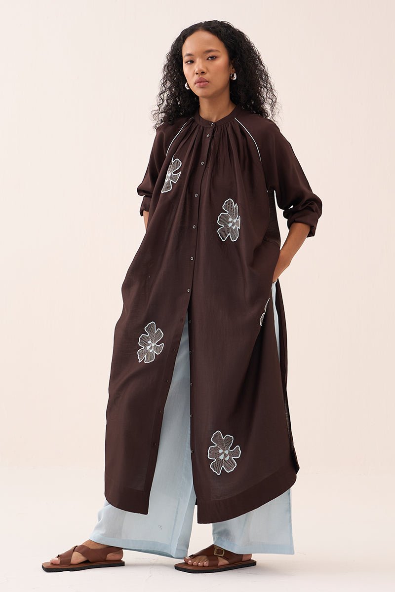 Floral Emb. Gather Neck Shirt Co - Ord (Set Of 2) - Three Clothing