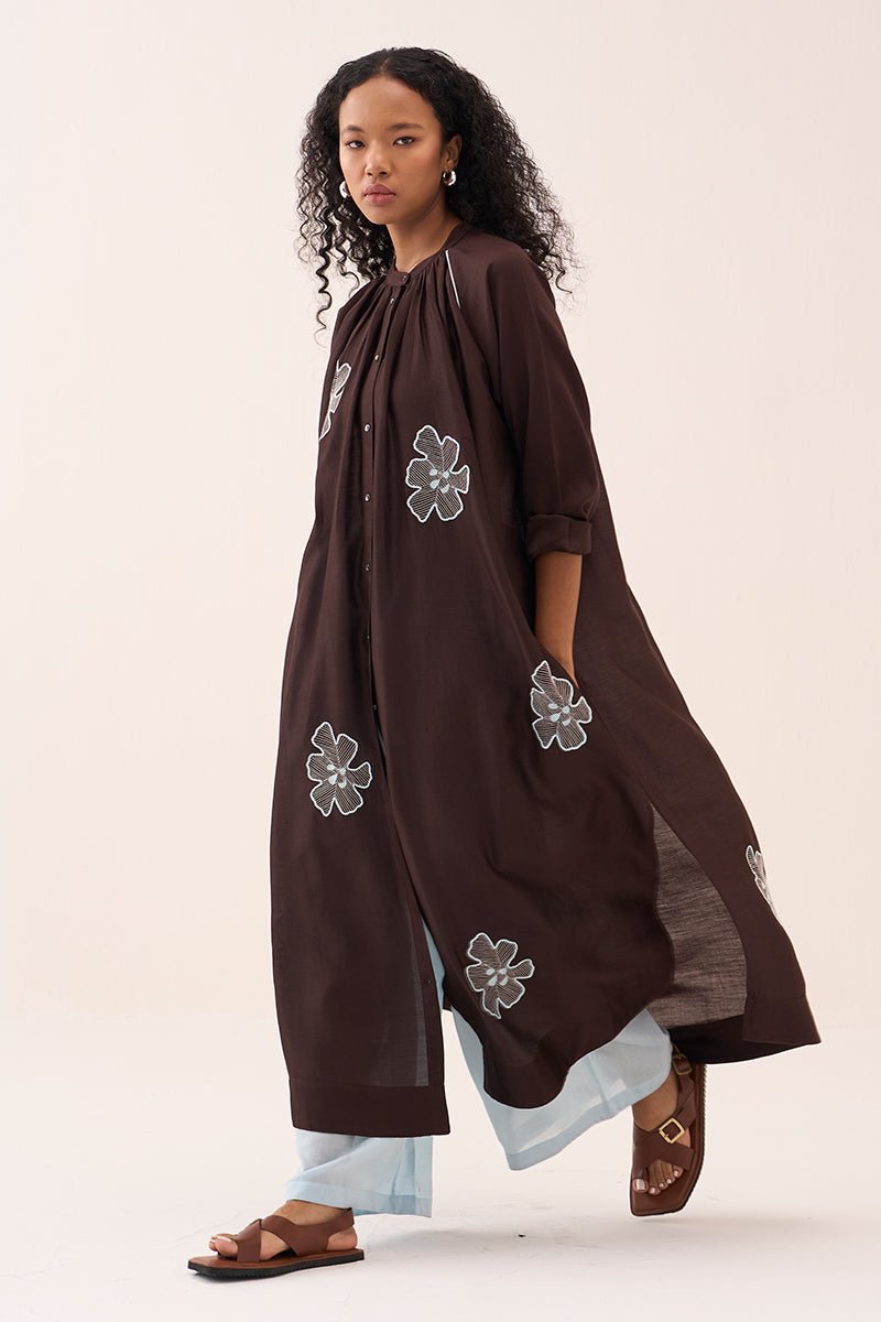 Floral Emb. Gather Neck Shirt Co - Ord (Set Of 3) - Three Clothing