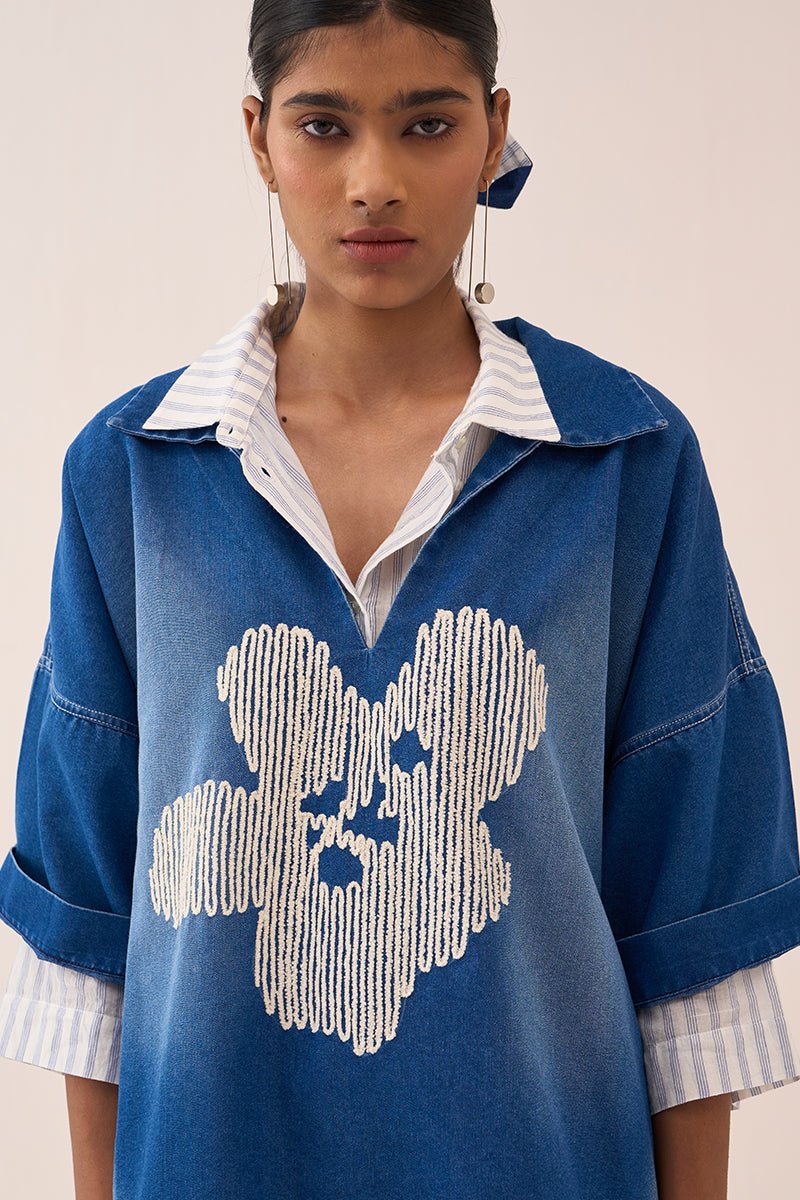 Floral Emb. V Neck Top - Three Clothing