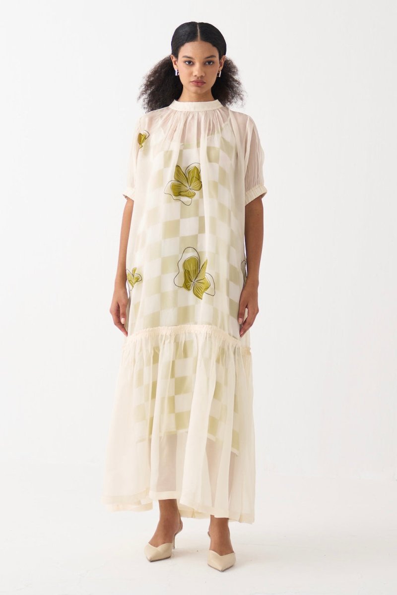 Floral Reverse Applique Bottom Frill Dress - Three Clothing