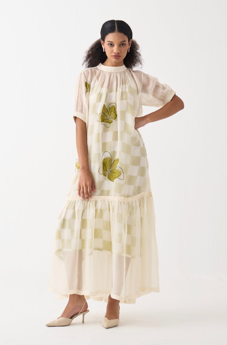 Floral Reverse Applique Bottom Frill Dress - Three Clothing