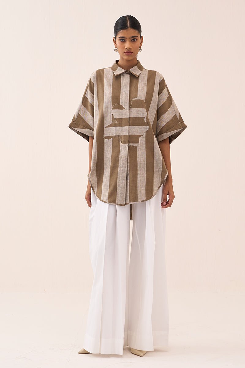 Floral Stripe Applique U - Hem Shirt - Three Clothing
