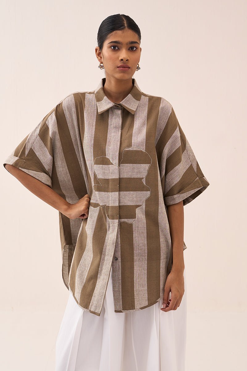 Floral Stripe Applique U - Hem Shirt - Three Clothing