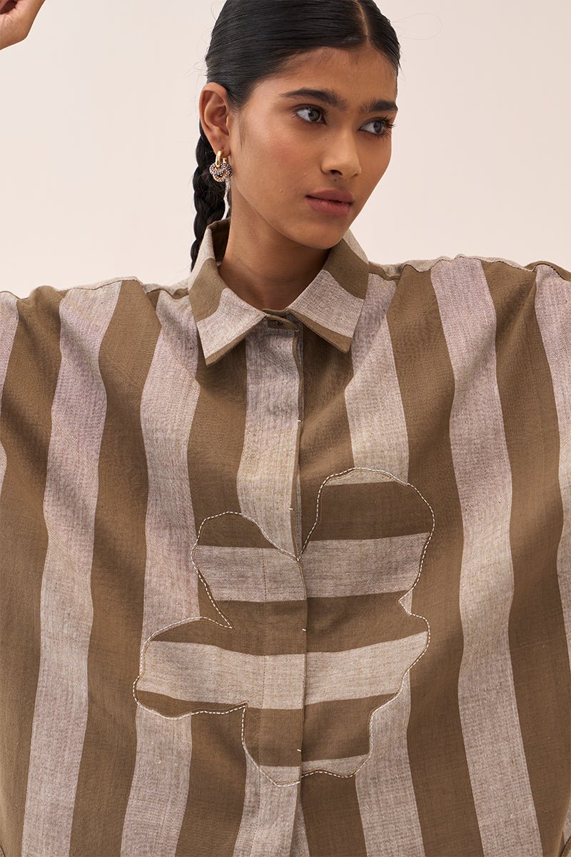 Floral Stripe Applique U - Hem Shirt - Three Clothing