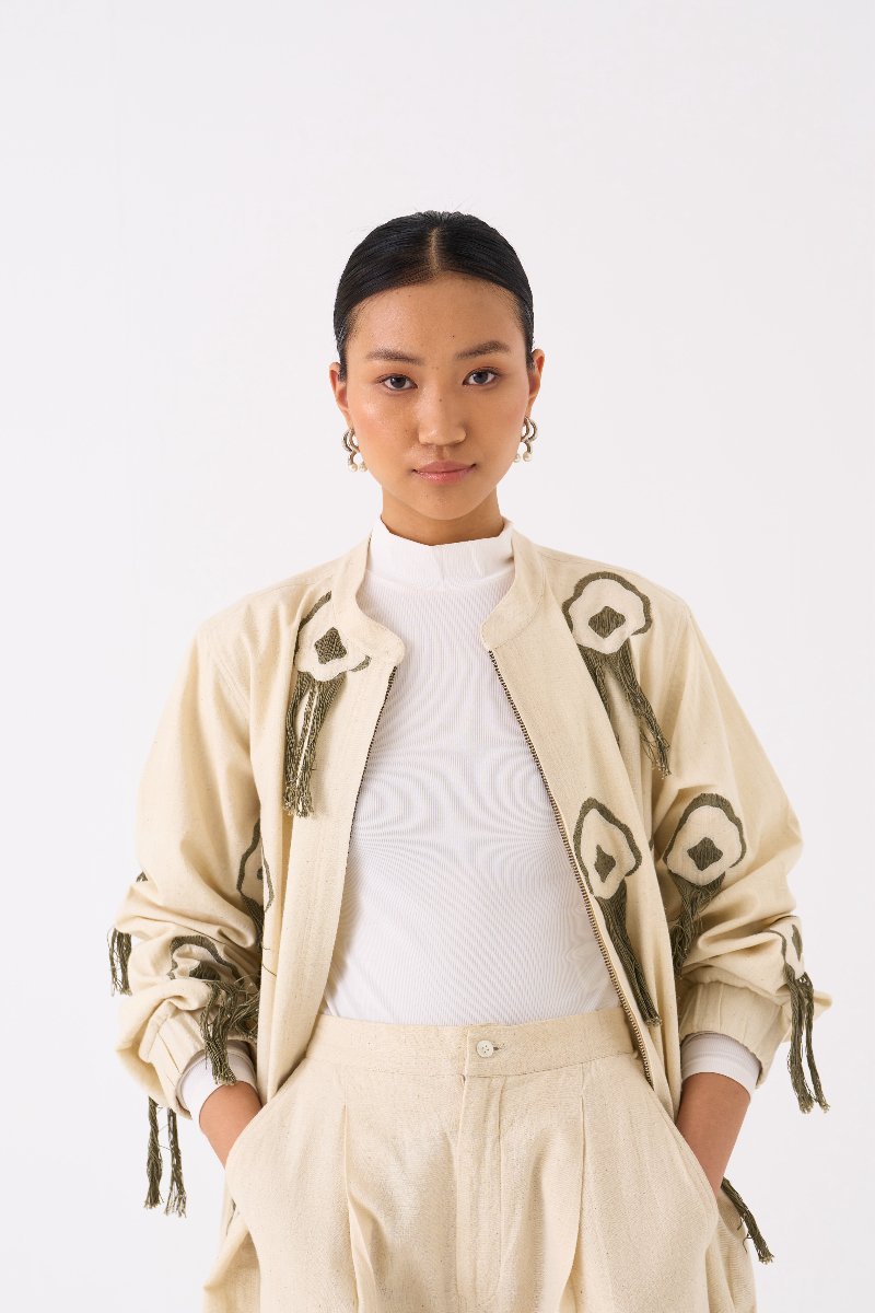 Fringe Bomber Jacket Co ord Set of 2 Ivory - Three