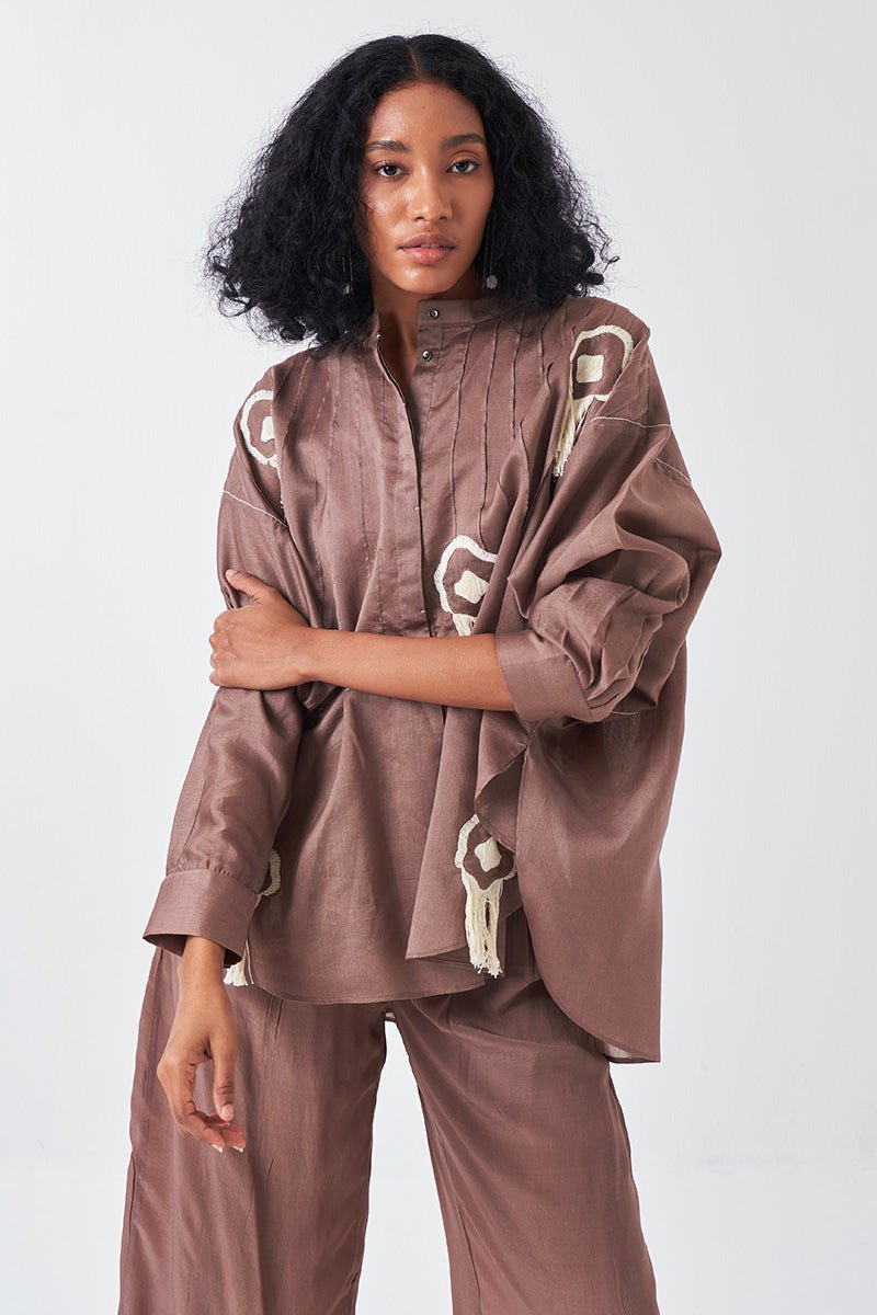 Fringe Pintuck Bat Sleeve Shirt Co - Ord (Set Of 2) - Three Clothing