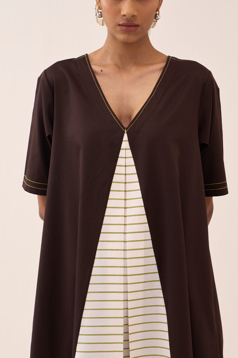 Front Pleat Stripe Panel Dress - Three Clothing