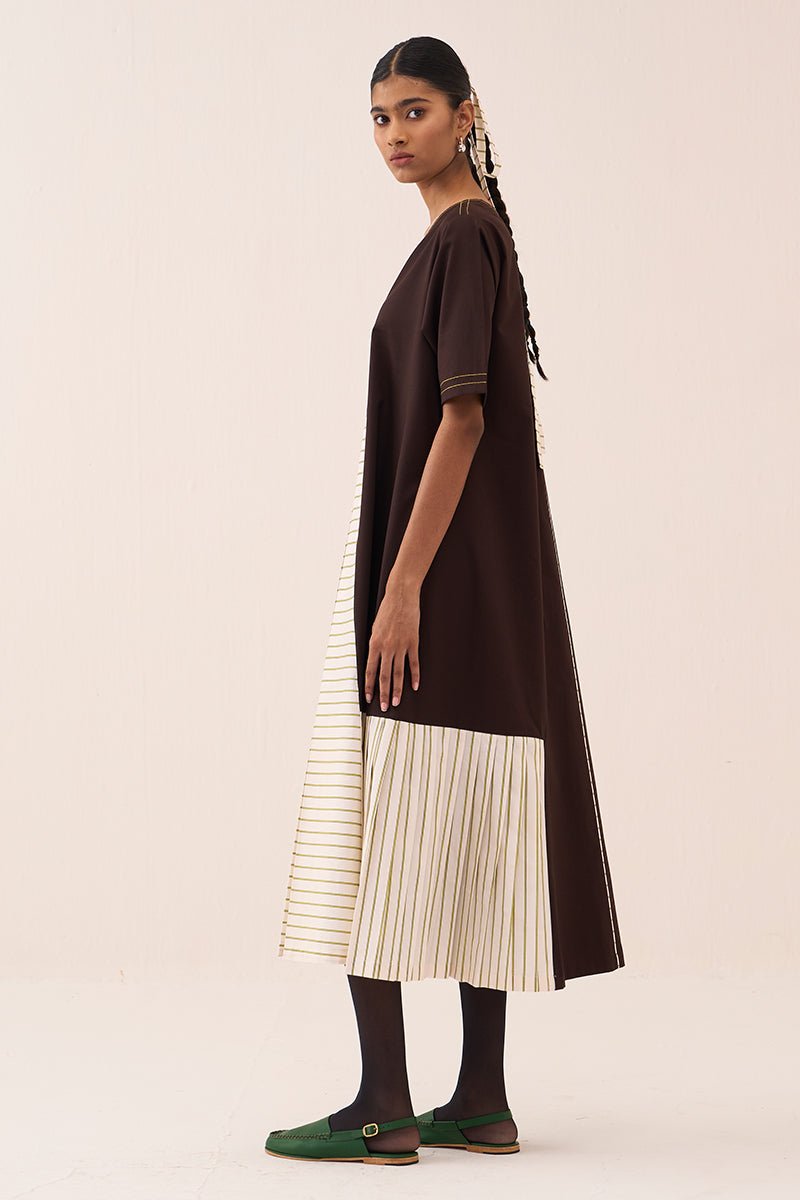 Front Pleat Stripe Panel Dress - Three Clothing
