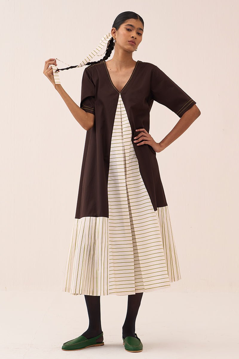 Front Pleat Stripe Panel Dress - Three Clothing